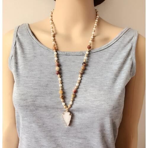 Fashion Triangle Pendant Natural Stone Pearls Mixed Beads Necklace