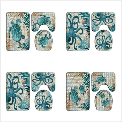 Water Color Ocean Animal Mat Octopus Sea Turtle Flannel Non-slip Bathroom Carpet Set 3 pcs Mat