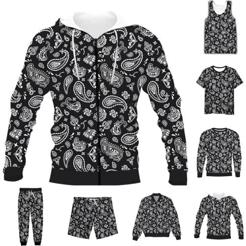 New Funny 3D Full Print Bandana Black Paisley T-shirt/Sweatshirt/Zip Hoodies/Thin Jacket/Pants Four Seasons Casual Suit V51