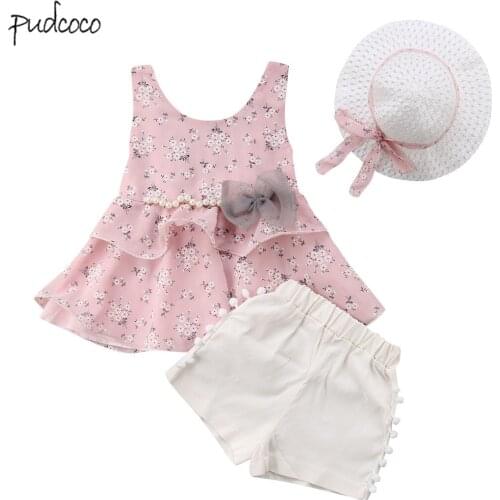 New Arrivels 3pcs Baby Girl Clothes Summer Flower Sleeveless Tee +Shorts +Sun Hat Kids Girls Beach Outfits
