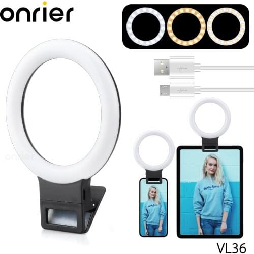 Onrier for iPhone Smartphone Tablet 3 Levels Brightness 36 LED Bubbles Selfie Ring Light Clip with USB Charge VL36
