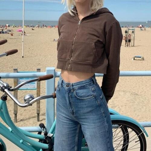Autumn Fashion Women Cropped Sweatshirts 90s Longslive Female Streetwear Brown Aesthetics Zip Up Hoodies Harajuku