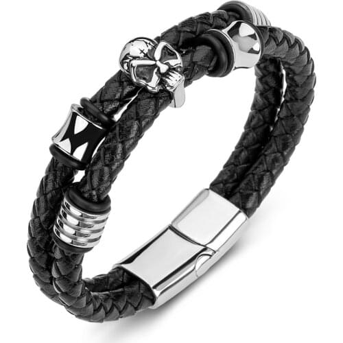Braided Leather Rope Men Bracelets Stainless Steel Skull Fashion Bangles Punk Rock Jewelry Male Trendy Wristband Gifts P187