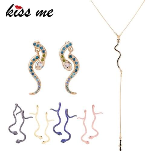 KISS ME Jewelry Wholesale Zinc Alloy Rhinestone Snake Jewelry Set 2018 Women Dangle Earrings Long Pendant Necklace