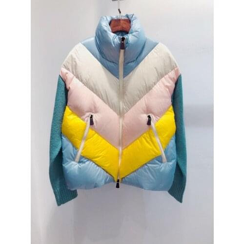 Sale! 11.5 Winter Hot Coat Women Fashion Wool Knitted Patchwork White Duck Down Contrast Color Stand Collar Warm Outerwear