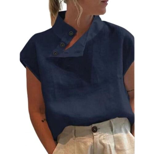 Women Blouse Casual Sleeveless Stand Collar Female Blouse Shirts Solid Color Side Buttons Tunic Top Office Lady Blouses Blusas