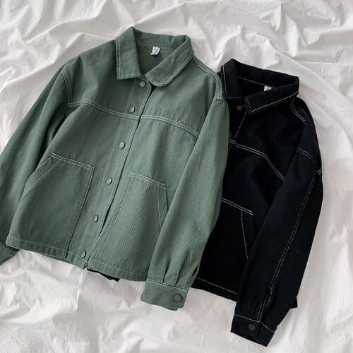 2021 New Spring Autumn Women Denim Jackets Retro Green Black Solid Color Jean Coat Tops Casual Loose Jackets Female Outerwear