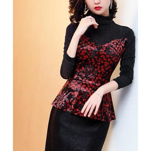Womens Spring Autumn Style Velvet Blouse Shirt Womens Long Sleeve Turtleneck Printed Patchwork Knitted Elegant Tops SP925