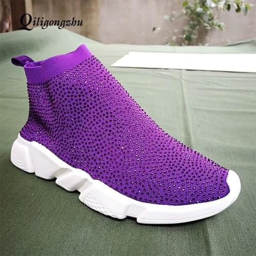 Stretch Sneakers Women 2019 New Knitting Sock Boots Crystal Sport Flat Shoes Women Rhinestones Sneaker Women Knit Sock Sneakers