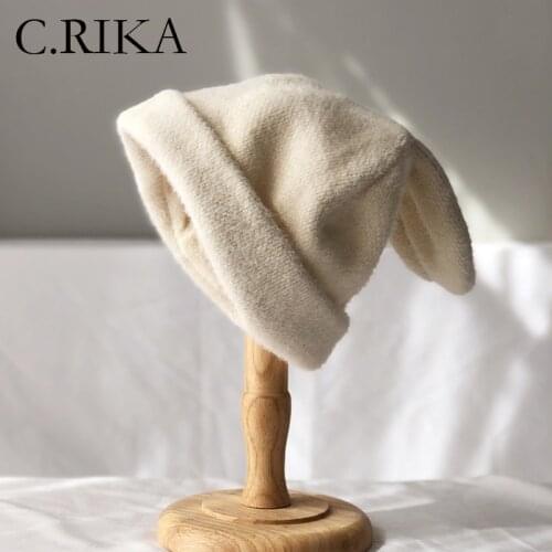 Women Cute bunny ears knitted Winter Hat female Warm Rabbit fur beanie Girl Solid Bonnet Skullies beanies Soft Hats wool beanies