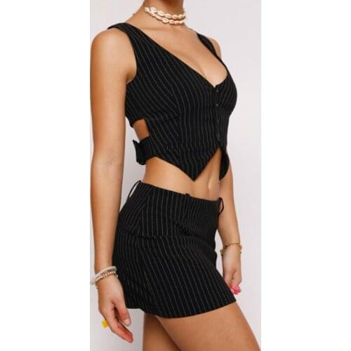 V-neck Sleeveless Vest Tops Two Piece Set Women Skirt High Waist Short Skirts Women Summer 2021 Retro Sexy Stripe Sets Fashion