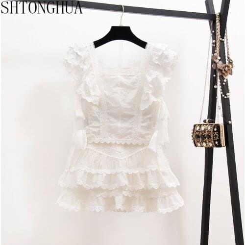 2020 Summer Women Sexy Embroidery Lace Skirt Pant Suits Fashion Ruffles Short Sleeve Top + White Mini Skirt Pant 2 Piece Set