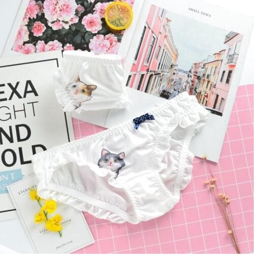 SP&CITY Lovely Cartoon Cat Print Female Underwear For Women Sexy Panties Seamless Briefs Ruffle Side Milk Silk Lace Lingerie