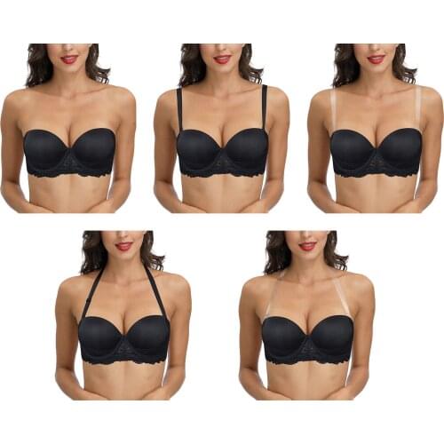 YANDW Padded Push Up Lace Lingerie Ultimate Gathering Multiway Underwear Strapless Backless Convertible Bras for Women