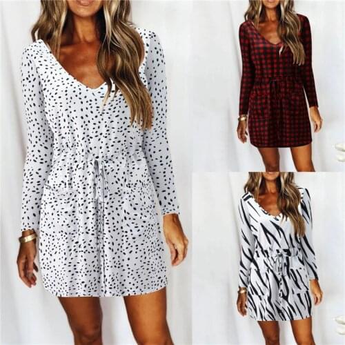 2021 New Fashion Polka Dot Printed Dress Lady Long Sleeve V-Neck Loose Dress Autumn Casual Pockets Bandage Women Dress
