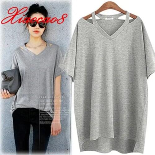 2021 Summer Women Oversized t-shirt Femme Solid V Neck Loose Short Sleeve Top Fashion Ice Silk Long Tees Plus Size 5XL 6XL