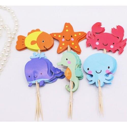 24Pcs Birthday Cake Toppers Sea Animal Fish Sea Star Crab Shape Cake Flags Birthday Party Baby Decoration Shower Decor Supplies