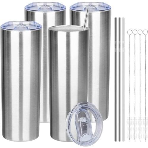 4 Pack Stainless Steel Skinny Tumbler with Straws 20Oz Double Wall Vacuum Insulated Tumbler Cups with Lid