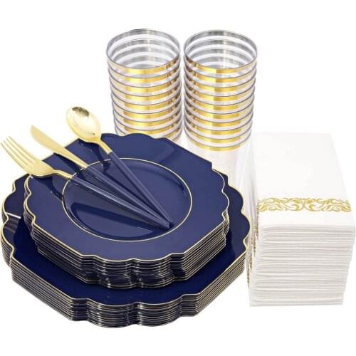 50Pcs Blue Plastic Plates and Gold Silverware Disposable Party Tableware Set Adult Birthday Party Decoration Wedding Tableware