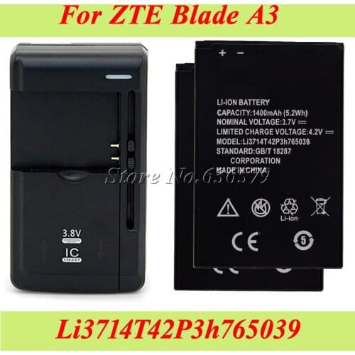 1LOT=2PCS 1400mAh Li3714T42P3h765039 Battery For ZTE Blade A3 T220 AF3 T221 A5 AF5 Bateria Accumulator+1PC Universal Charger