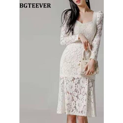 BGTEEVER Elegant Square Collar Lace Hollow Out Women Mermaid Dress Long Sleeve Slim Waist Female Package Hip Vestidos 2021