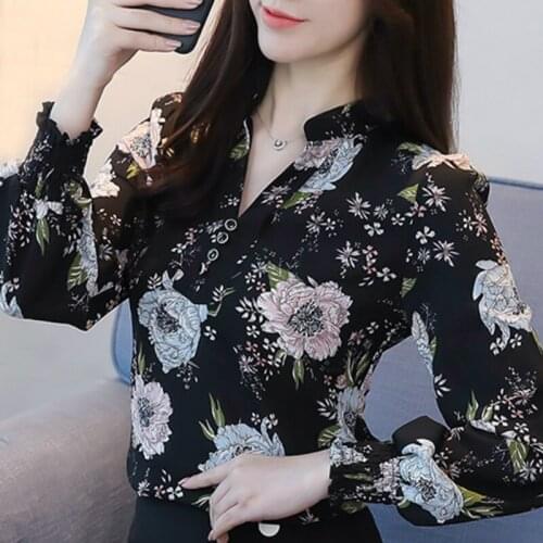 Long Sleeve Women Blouses Shirts Blusas Mujer De Moda 2021 Blouse Women V-neck Print Chiffon Blouse Shirt Women Tops Blusa A347
