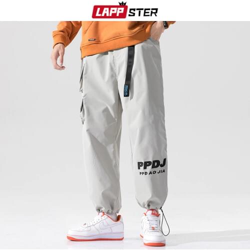 LAPPSTER-Youth Men Hip Hop Ribbon Cargo Pants 2021 Spring Mens Japanese Streetwear Printed Joggers Male Casual Pockets Trousers