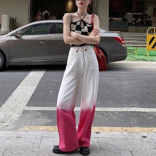 Large Size Gradient Strawberry Red Denim Wide-leg Pants Womens Loose High-waisted Thin Straight Long Pants Women Denim Jeans