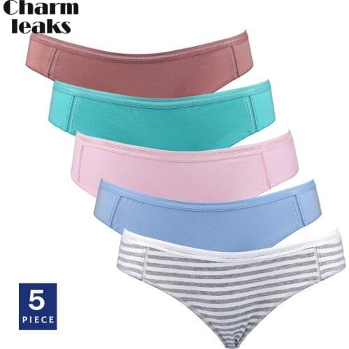 Charmleaks Sexy Women Underwear Cotton Bikini Panties Soft Stretchy Hipster Briefs Assorted Solid Mid-Rise Lingerie 5 PCS