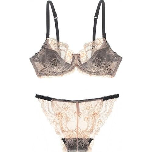 EFIOLY New HOT Sexy Female Deep V-neck Sweet Push Up Underwear Womens Lace Bra Cover Set Fresh Crochet Lingerie Set D-F Cup