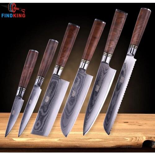 FINDKING 6 pieces Chef Knife Set Kitchen Knives Sets Japanese Quality Damascus Steel Santoku Bread knives Stainless blade Best