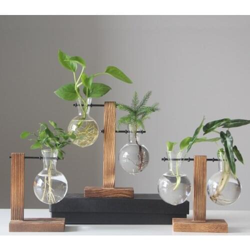 Terrarium Hydroponic Plant Vases Vintage Flower Pot Transparent Vase Wooden Frame Glass Tabletop Plants Home Bonsai Decor