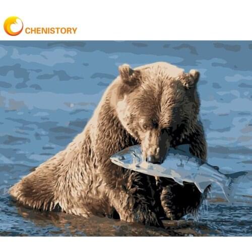 CHENISTORY Painting By Numbers For Adults HandPainted Bear Prey Fish In River Oil Picture 40x50cm Framed On Canvas Home Wall Art