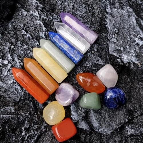 Natural Crystal Gem Seven Chakra Hexagonal Column Energy Stone Set Lilac Aventurine Tiger Eye Amethyst Healing Chakra Reiki
