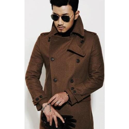 Brown Casual Woolen Coat Men Trench Coats Double breasted Long Sleeves Overcoat Mens Winter Suits