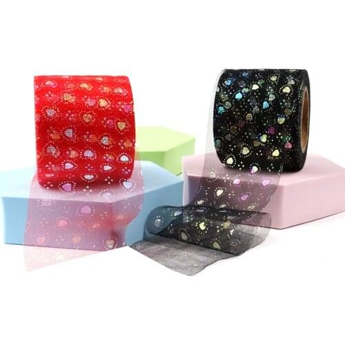 6cm 25Yards Heart Tulle Ribbon Roll For DIY Handmade Craft Hair Ornament Baking Printed Mesh Fabric DIY Wedding Decor Supplies