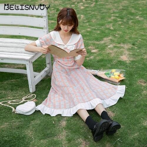 Japanese Summer Women Retro Midi Dress Sweet Sailor Collar Bow Plaid Elegant Dress Slim Sashes Soft Girl Ruffles Party Vestidos