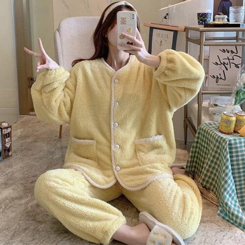 Sweet Flannel Pajamas Womens Autumn Winter Korean Ins Thicken Warm Coral Fleece Home Clothes Loose Female Nightwear Pijamas Set