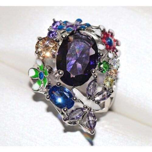 Fashion Design Elegant Butterfly Flower Ring Womens Handmade Enamel Crystal Luxury Wedding Ring Womens Jewelry Cocktail Ring