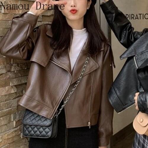 New 2020 Autumn Winter Womens Leather Jackets Outerwear Zipper Korean Style Oversize Faux Leather Short Tops