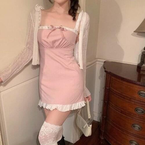 New Sweet Girl Summer Pink Halter Dress Suit Lace Patchwork Japanese Cute Kawaii Lolita Preppy Gentle Fairy Bow Slim Sling Dress