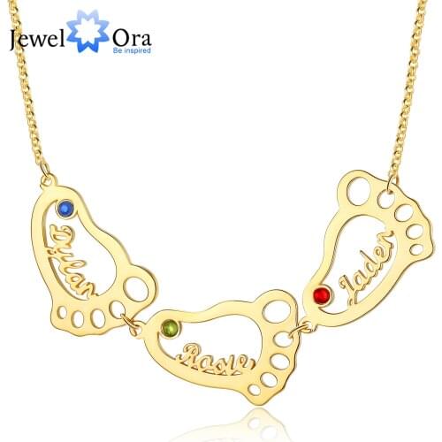JewelOra Customized Name & Birthstone Necklace Baby Feet Pendant Jewelry Birthday Gifts for Child or Mom
