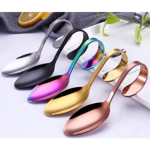 Portable Rustproof Stainless Steel Hotel Buffet Kitchen Spoons Curved Handle Dessert Soup Spoon Cutlery Kitchen Tools