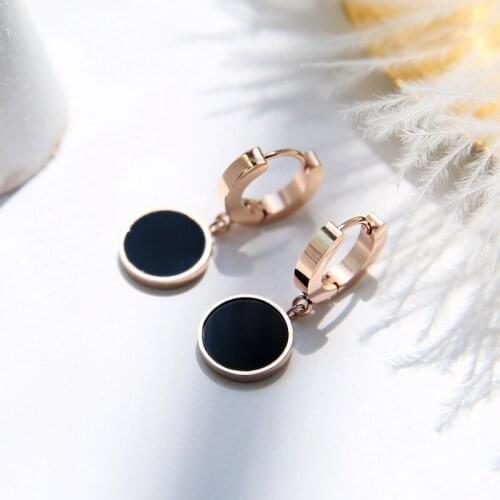 YUN RUO Fashion Rose Gold Color Black Round Hoop Earring 316 L Stainless Titanium Steel Jewelry woman Gift hypoallergenic Korea