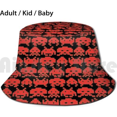 Invaded Sun Hat Foldable UV Protection Space Invader Game Gaming Retro 80S Computer Pixel Cube Cubic Geometric Invasion