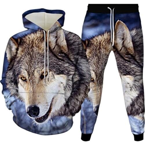 Men Tracksuit Sets Harajuku Galaxy Animal Wolf Head Print Hoody Sweatshirt+Pants Women Fashion Sportwear Clothing Suit Plus Siz