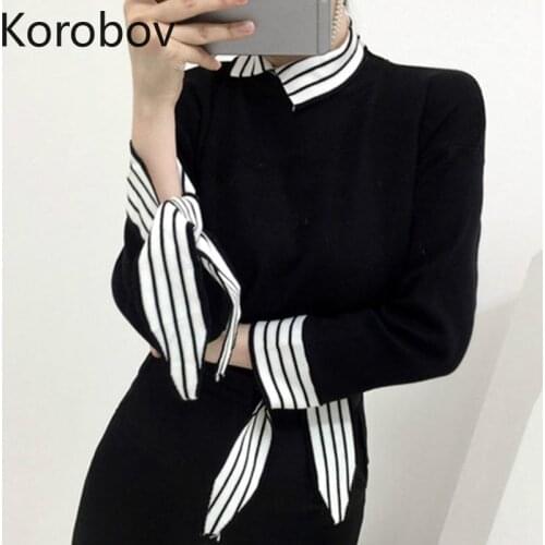 Korobov Vintage Striped Patchwork Sweaters Korean Long Sleeve Turn-Down Collar Sueter Mujer New Chic Office Lady Female Pullover
