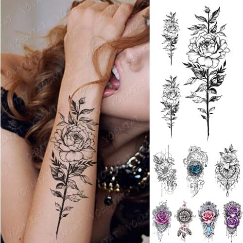 Waterproof Temporary Tattoo Sticker Rose Peony Daisy Flowers Flash Tattoos Simple Lines Body Art Arm Fake Sleeve Tatoo Women Men