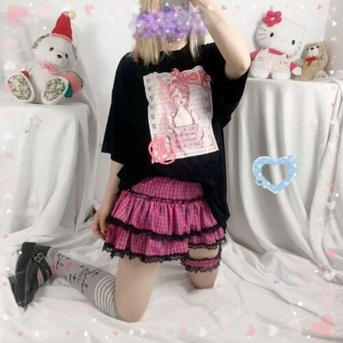 Japanese Gothic Lolita Style Mini Skirts Women Harajuku High Waist Pink Plaid Punk Skirts Girls Korean Sweet Trim Tiered Skirt