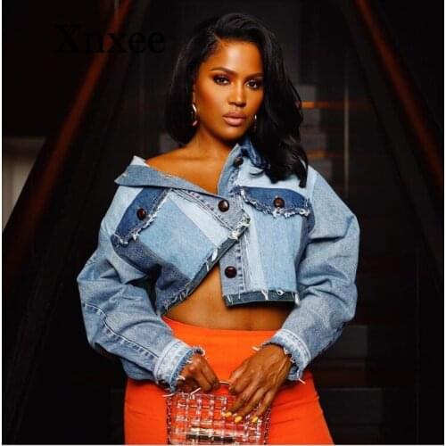 Short Stitching jacket Women Bomber Denim Coat Autumn Short Denim Jackets Women S-5XL Long Sleeve Vintage Casual Jean blue short